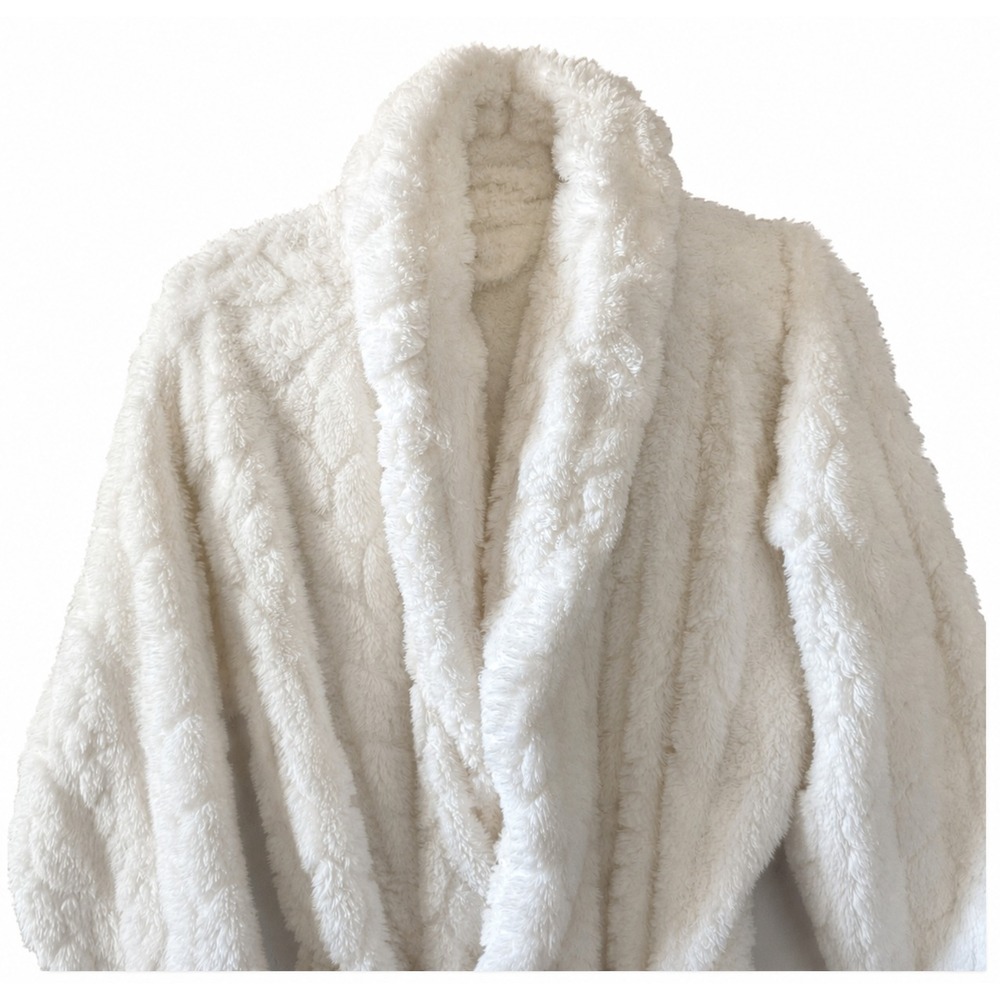 Pottery Barn Plush Robe Women Medium Ivory Shawl Collar Belted Bathrobe - Picture 2 of 7